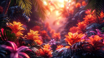 Ethereal tropical scene with glowing flowers and sunset hues, creating a magical and vibrant atmosphere ideal for dreamy and creative designs