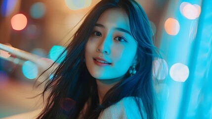 Captivating Portrait of Smiling Asian Woman in Vibrant City Night Lights