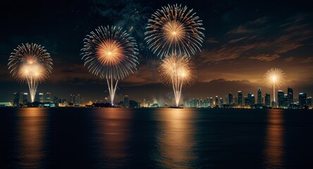 Fototapeta premium Festive Skyline: City Reflects Fireworks on the Water (Holiday Background)