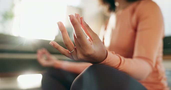 Woman, meditation and hands in home for breath work, Dhyan mudra pr fingers in living room. Floor, mat and yoga or pilates for holistic training, calm female person or mindset or mindfulness practice