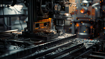 Hyper-realistic image: Metalworking CNC milling machine in operation precise machining .