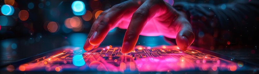 Businessman using a banking application to manage debts and bond investments, vibrant design, neon accents, photorealistic, commercial finance ,futuristic