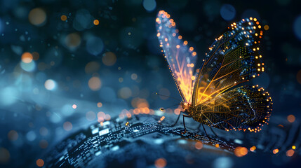 A butterfly with glowing wings, adorned with intricate circuitry patterns, rests on a circuit board against a dark backdrop with bokeh lights.