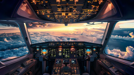 Hyper-realistic image of a flight deck of a modern passenger jet aircraft pilots at work detailed cockpit instruments cloudy sky and sunset view from the windows