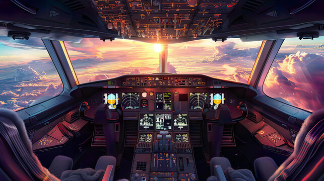 Hyper-realistic image of a flight deck of a modern passenger jet aircraft pilots at work detailed cockpit instruments cloudy sky and sunset view from the windows - Powered by Adobe