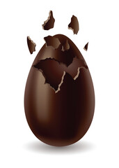 Chocolate egg. Broken, exploded eggshell. Kids confectionery, candy with surprise. Restaurant, cafe menu design. Vector dessert made of dark cocoa