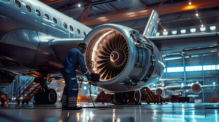 Hyper-realistic image of a mechanic specialist repairing the engine of a passenger aircraft in a hangar detailed view of the maintenance process