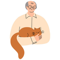Elderly man with his pet cat. Happy domestic animal owner. Flat vector illustrations.
