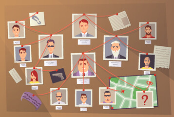Detective board. Crime accident investigation or evidence board. Cops crime investigation plan, board with pinned photos. Vector cartoon illustration isolated on white background