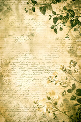 Fototapeta premium Vintage love letter texture showcasing elegant handwritten script. Adorned with delicate flowers, leaves, and branches. Grunge paper texture with grain and aged look. Perfect for historical and romant