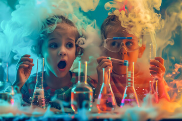 Frightened children performed a failed chemical experiment in a laboratory with test tubes