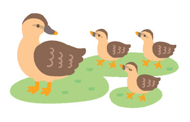 ゆるい手描きのカルガモ親子の行進
