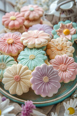 Fototapeta premium Frosted flower shaped pastel sugar cookies on a plate