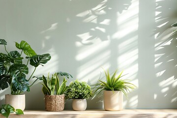 Fototapeta premium Close-up row plants pots shelf