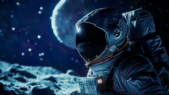 Hyper-realistic image of an astronaut on a lunar landing mission detailed space suit and lunar surface and starry sky in the   high-tech space exploration