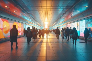 Crowd walking through tunnel with bright light