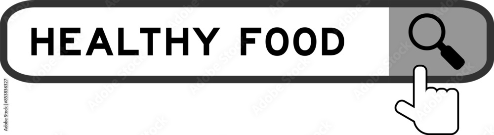 Sticker Search banner in word healthy food with hand over magnifier icon on white background