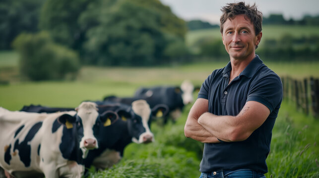 A photo of an Irish farmer in his late thirties, standing with arms crossed and smiling at the camera on lush green pastures surrounded by black and white cows