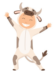 Children animal costume. Colorful animal wearing suit for party cow. Isolated flat vector design