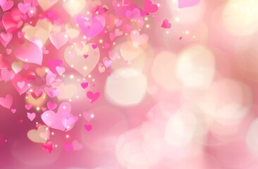 Valentine's Day background with pink hearts and bokeh lights, pastel colors, a pink blurred background