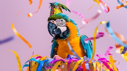 Colorful Parrot in Party Box with Streamers against Light Purple Background