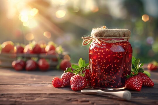 Jar of strawberry jam on table