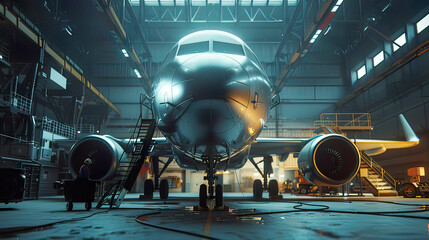 Hyper-realistic scene: Aviation hangar interior airplane mechanic working on service clear focus.