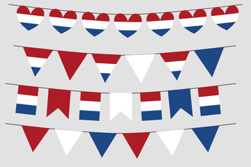 Netherlands flag set bunting vector. Flag heart triangle shape elements isolated on white background.