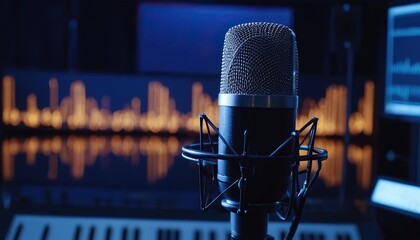 Professional microphone in recording studio, podcast broadcasting studio microphone with neon lights background. Studio condenser microphone, banner with copy space