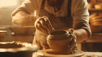 An elderly artisan meticulously crafting pottery in a warm, well-lit workshop. Focused and passionate. AIG58 - Powered by Adobe