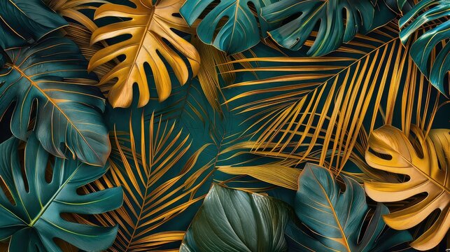 Fototapeta Pattern leaf background green plant tree abstract palm floral wallpaper flower foliage art jungle. Background luxury leaf pattern texture design line summer gold nature monstera fabric golden leaves.