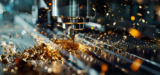 Hyper-realistic view of a CNC milling machine at work intricate details of the cutting process vivid metal shavings  bright and intense lighting advanced