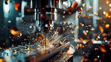Hyper-realistic view of a CNC milling machine at work intricate details of the cutting process vivid metal shavings  bright and intense lighting advanced