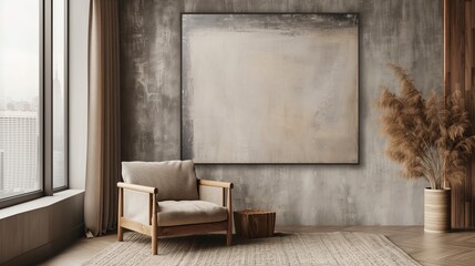 A large art frame hung on the wall of an apartment, containing a simple minimal abstract painting with dark grey and beige tones.