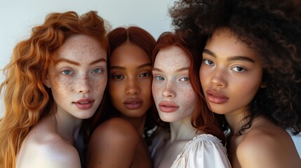Obraz premium A photo of four women with different hair colors and skin tones, posing together for an advertising campaign