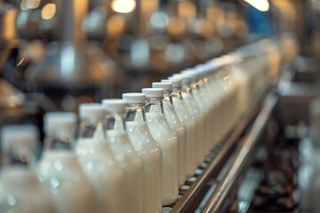Fototapeta premium Milk bottles on conveyor belt