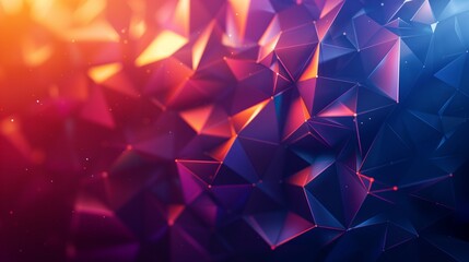 abstract background with triangles, gradient of orange and purple colors on a dark blue background in the style of low poly
