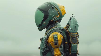 Obraz premium Futuristic military pilot in green and yellow, helmet with backpack, hyper realistic, 3d render