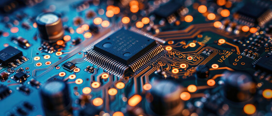 high detail close-up hardware phone circuit board motherboard with connections electrical display microchip components