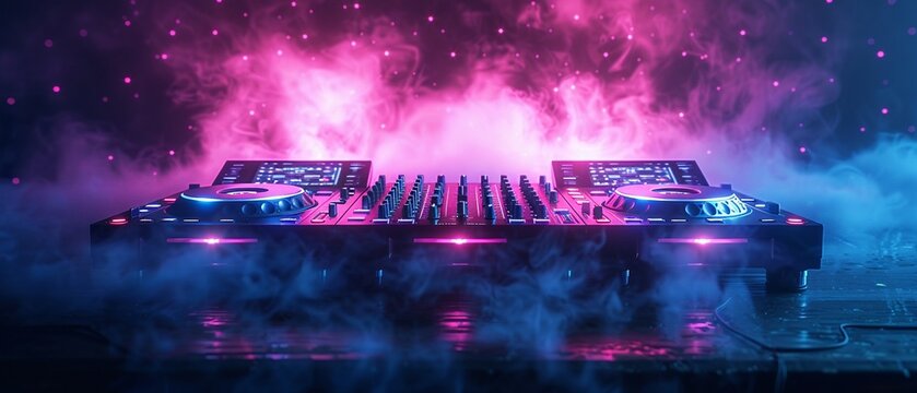 DJ performing with neon lights reflecting off the equipment, foggy atmosphere, vibrant pink and blue tones, high detail, energetic club setting 8K , high-resolution, ultra HD,up32K HD
