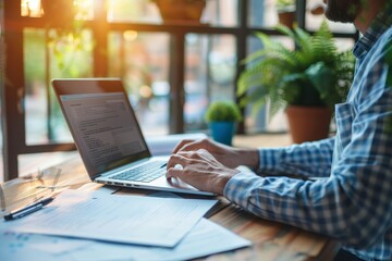 Professional Job Applicant Crafting Resume on Laptop at Desk with Notes - Job Application Preparation Concept