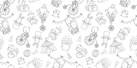 Seamless pattern with outline cute baby circus animals, bear on bicycle on white background. Hand drawn repeat backdrop for nursery, kids and baby. © Elena