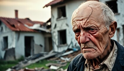 the face of a sad old man against the background of a destroyed house