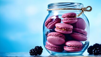 Pink Berry Blackberry Macarons in Glass Jar on Blue Background Copy Space for Text