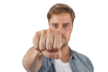 Man doing a fist pump full body die cut PNG style, isolated on white and transparent background