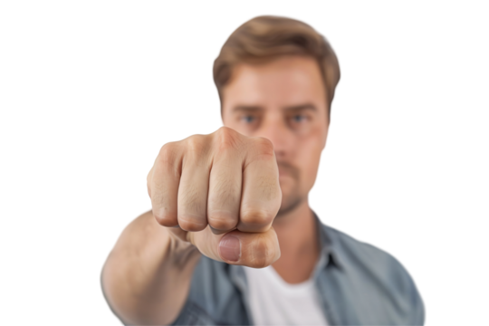Man doing a fist pump full body die cut PNG style, isolated on white and transparent background