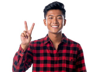 Man showing peace sign full body die cut PNG style isolated on white and transparent background