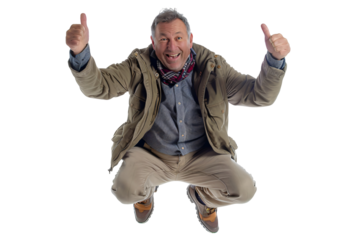 Man with an enthusiastic thumbs up full body die cut PNG style isolated on white and transparent background