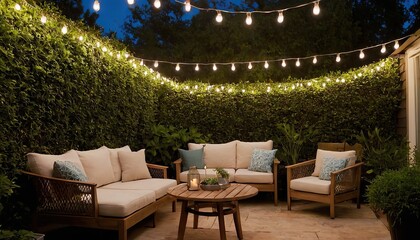 A contemporary outdoor lounge with modular seating, fire pit, and string lights
