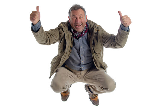 Man with an enthusiastic thumbs up full body die cut PNG style isolated on white and transparent background